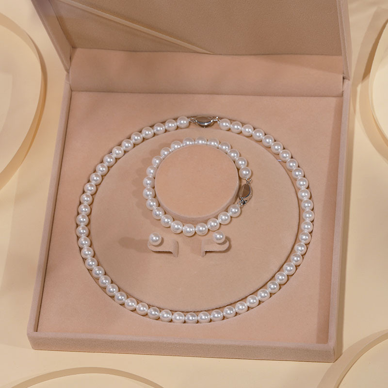 Natural Deep Sea Mother-of-Pearl Bead Pearl Necklace Clavicle Chain Jewelry Set for Women Three-Piece Mother's Day Gift