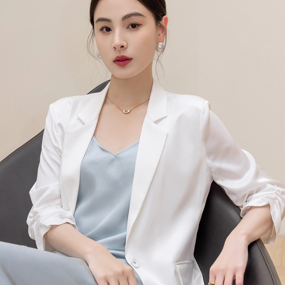 Acetate satin three-quarter sleeve suit jacket 2026 summer solid color blazer women