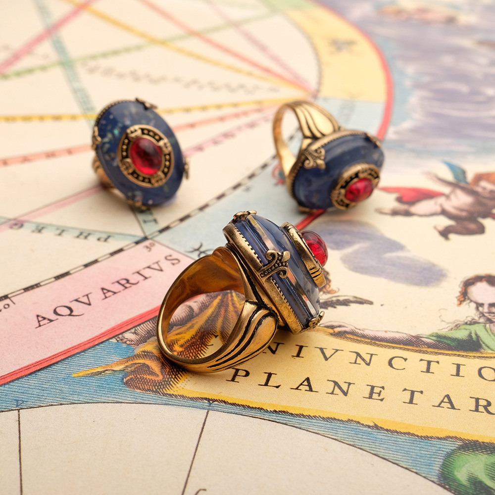 European Series Blue Glass Brass Vintage Ring for Men and Women Finger