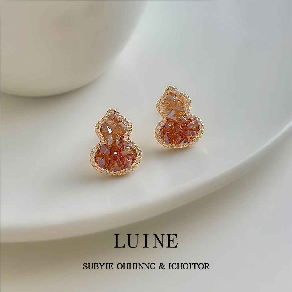 Close your eyes and buy! Easy to sell! Micro-set zircon silver-plated needle crystal gourd earrings orange gradient champagne earrings