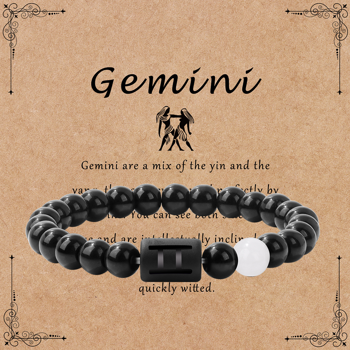 Twelve zodiac bracelet for men shiny black beads elastic rope unisex bracelet