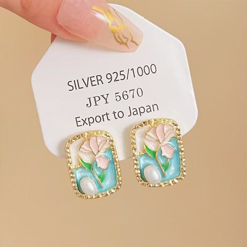 Monet Garden Pearl Earrings Oil Painting Stud Earrings 2025 New Ear Accessories