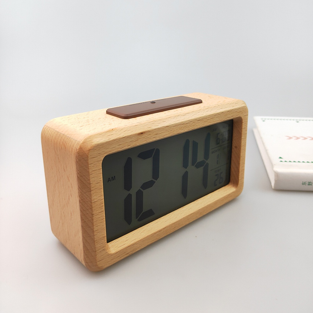 Digital Wood Grain Electronic Alarm Clock Silent Electronic Clock Solid Wood Light Sensing Alarm Clock Electronic Gift Smart Clock 1902