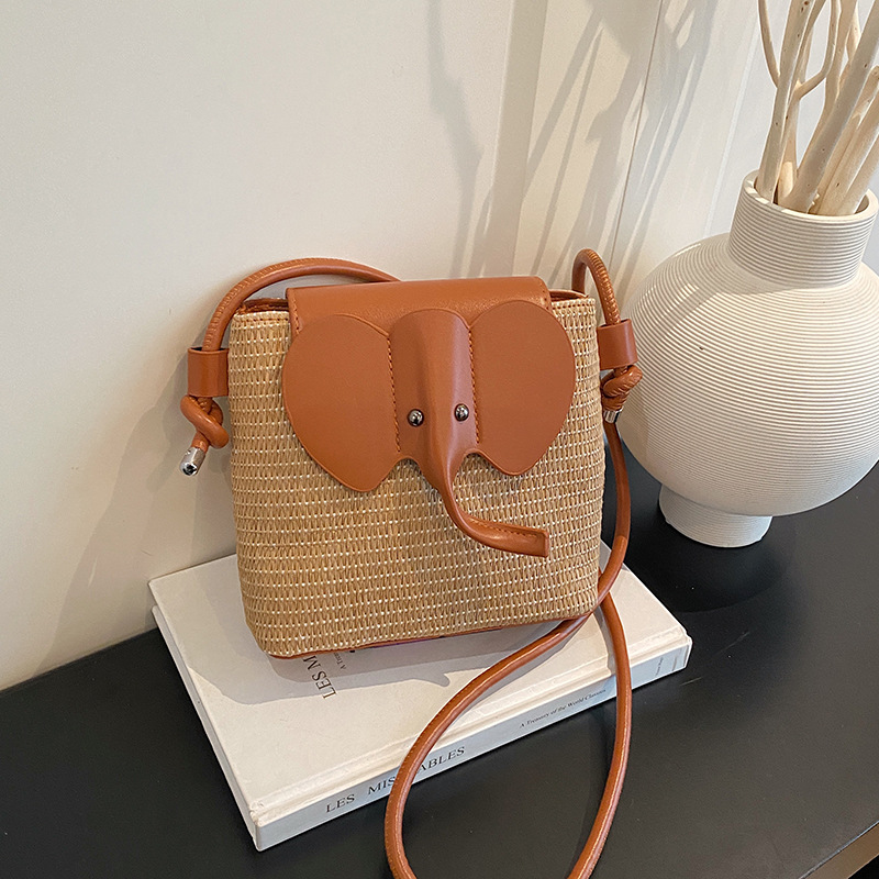 New Woven Bag Cartoon Little Elephant Single-Shoulder Crossbody Bag Zipper Vacation Beach Travel Shopping Cute for Women