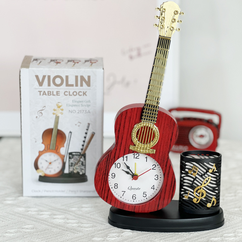 Simulated Violin Alarm Clock Musical Instrument Shape Desktop Clock Living Room Ornament Desk Clock