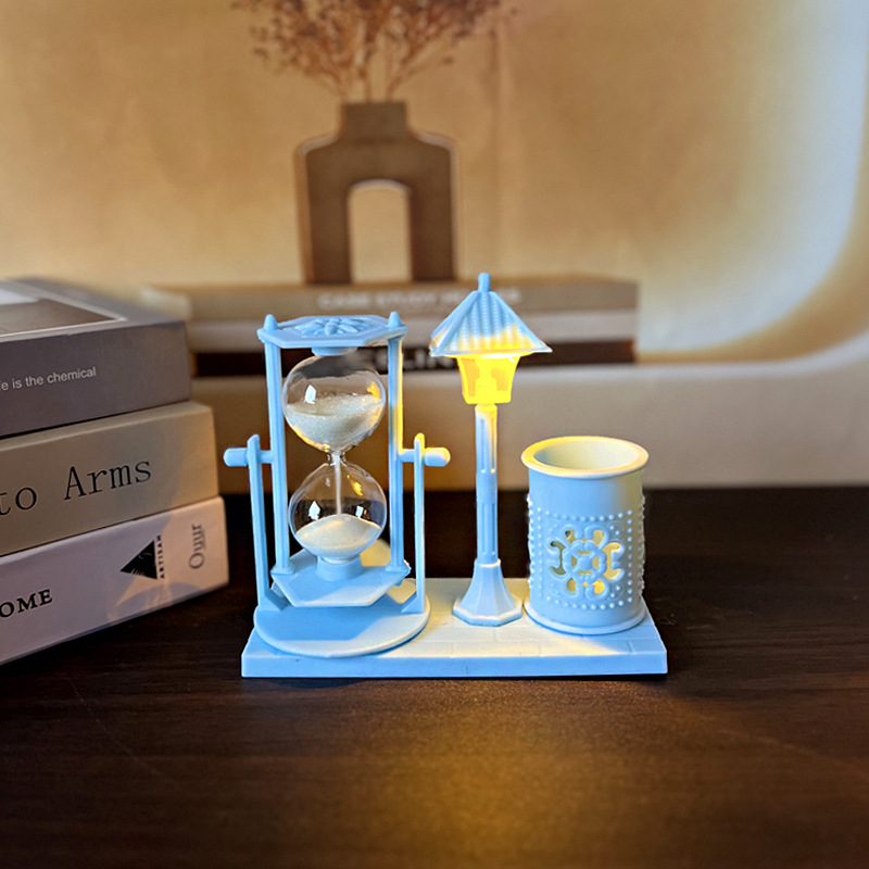 Antique Flowing Sand Street Lamp Pen Holder Student Gift White Sand Hourglass Color-Changing Night Light Ornament