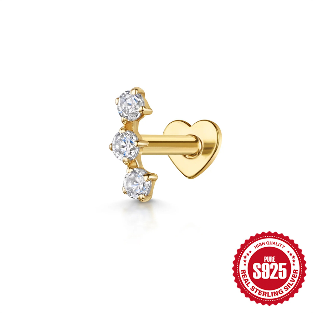 925 sterling silver diamond-set octagonal star heart flat head cartilage piercing ear bone stud new threaded earrings