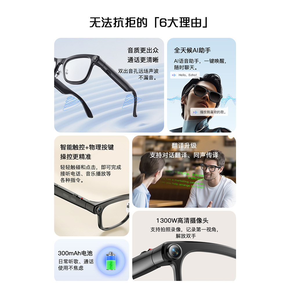 Smart Glasses AI Object Recognition Voice Assistant Translation 13MP Camera 4GB Music Bluetooth Call Photo