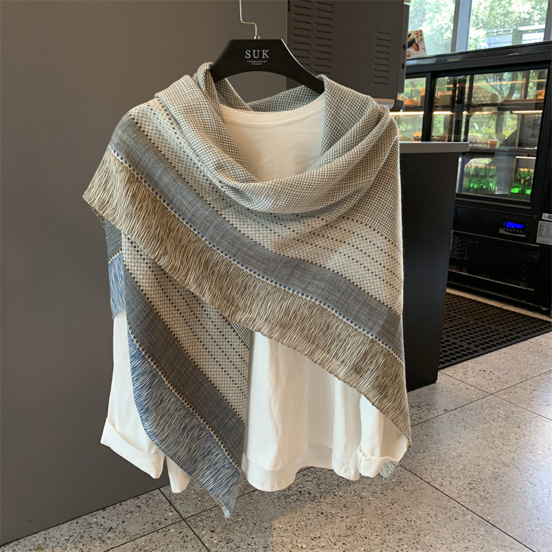 Small plaid linen scarf for women, summer thin sunscreen large square scarf, air-conditioned room outer layer shawl scarf