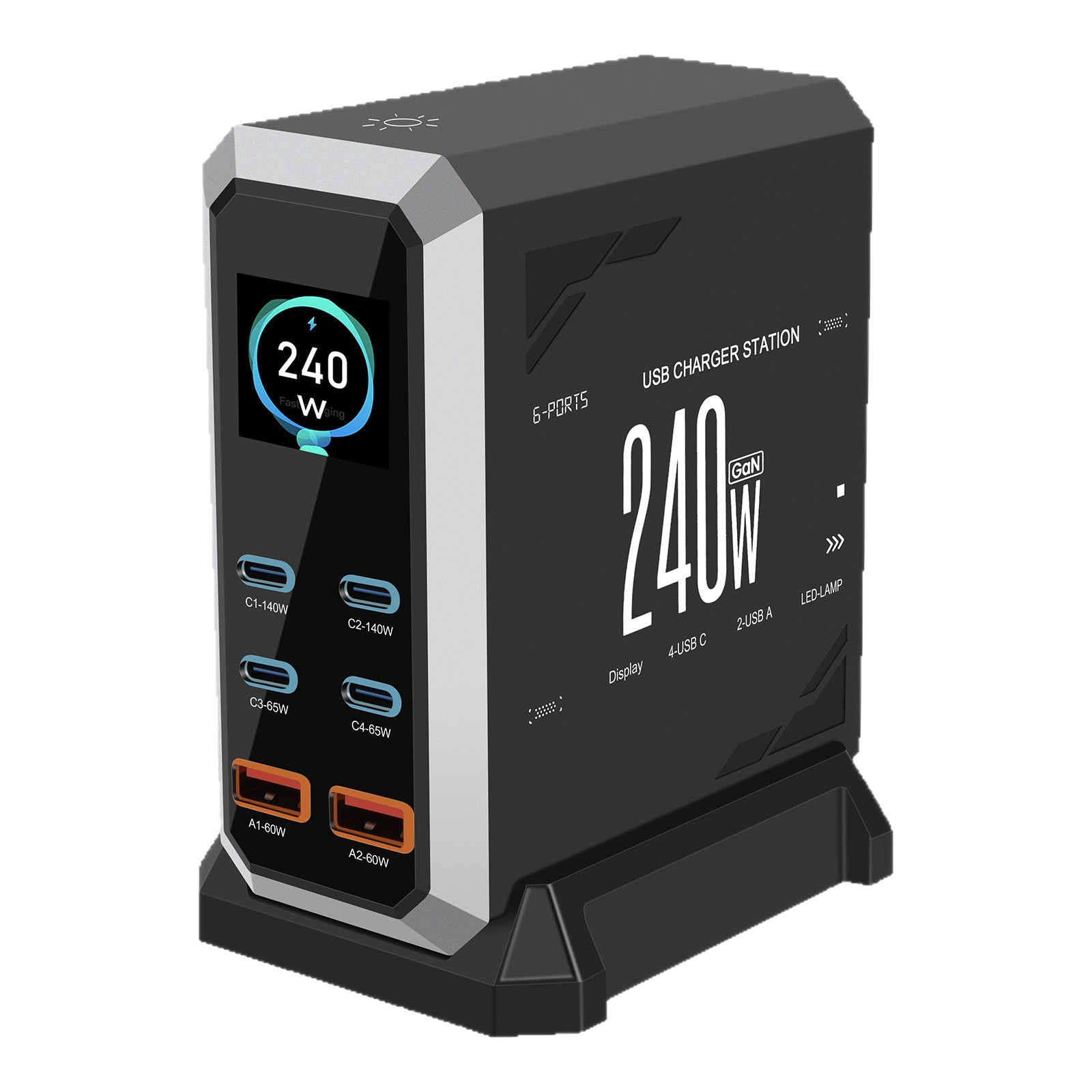 240W Dynamic Display GaN Charging Station Charging Head Desktop Phone Charging Hub Multi-port USB Charger
