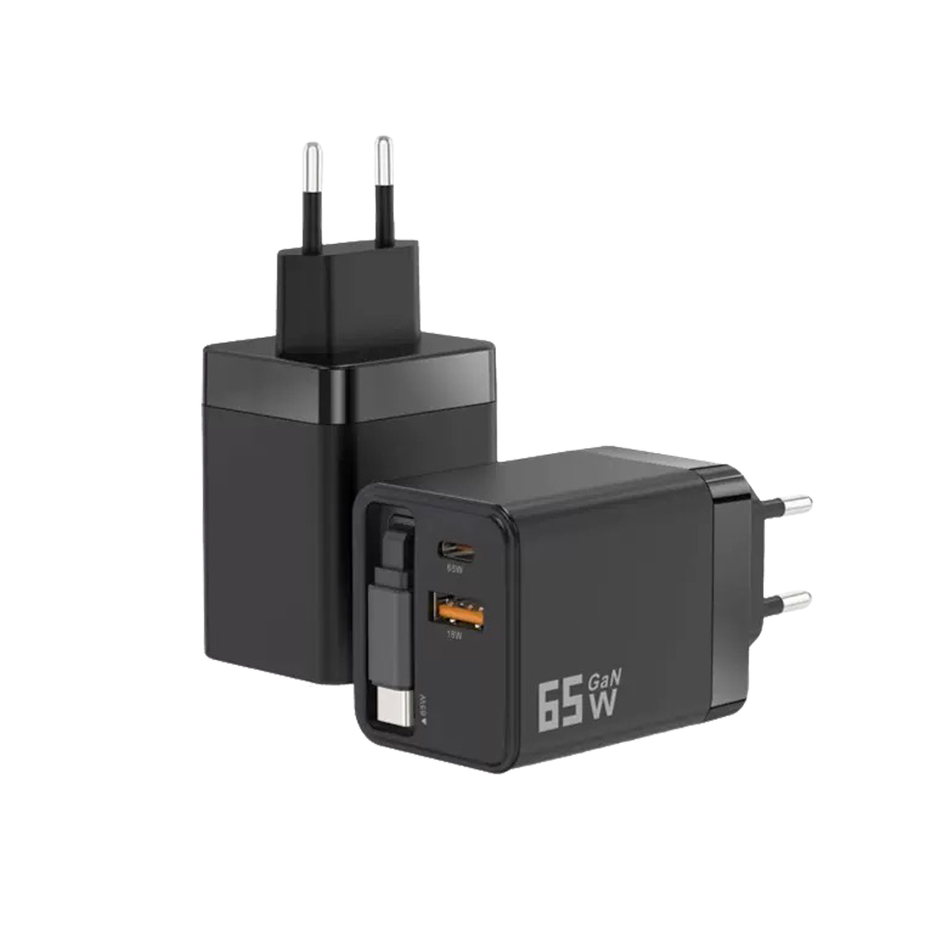 EU standard PD65W GaN full protocol A+C fast charging head retractable cable triple port charger set