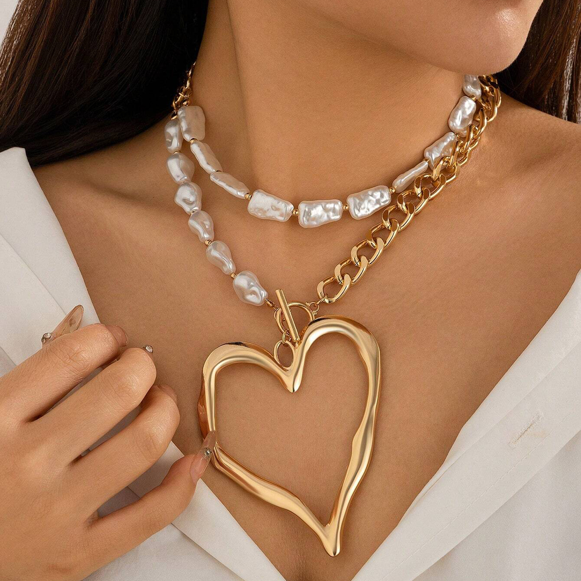 Accessories Imitation Pearl Bead Chain Double Necklace for Women Niche Big Heart Necklace