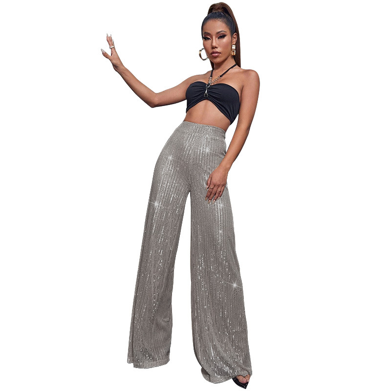 Women's 2026 New Solid Color Wide-Leg Pants Independent Station Draping Sequin Casual Pants Women