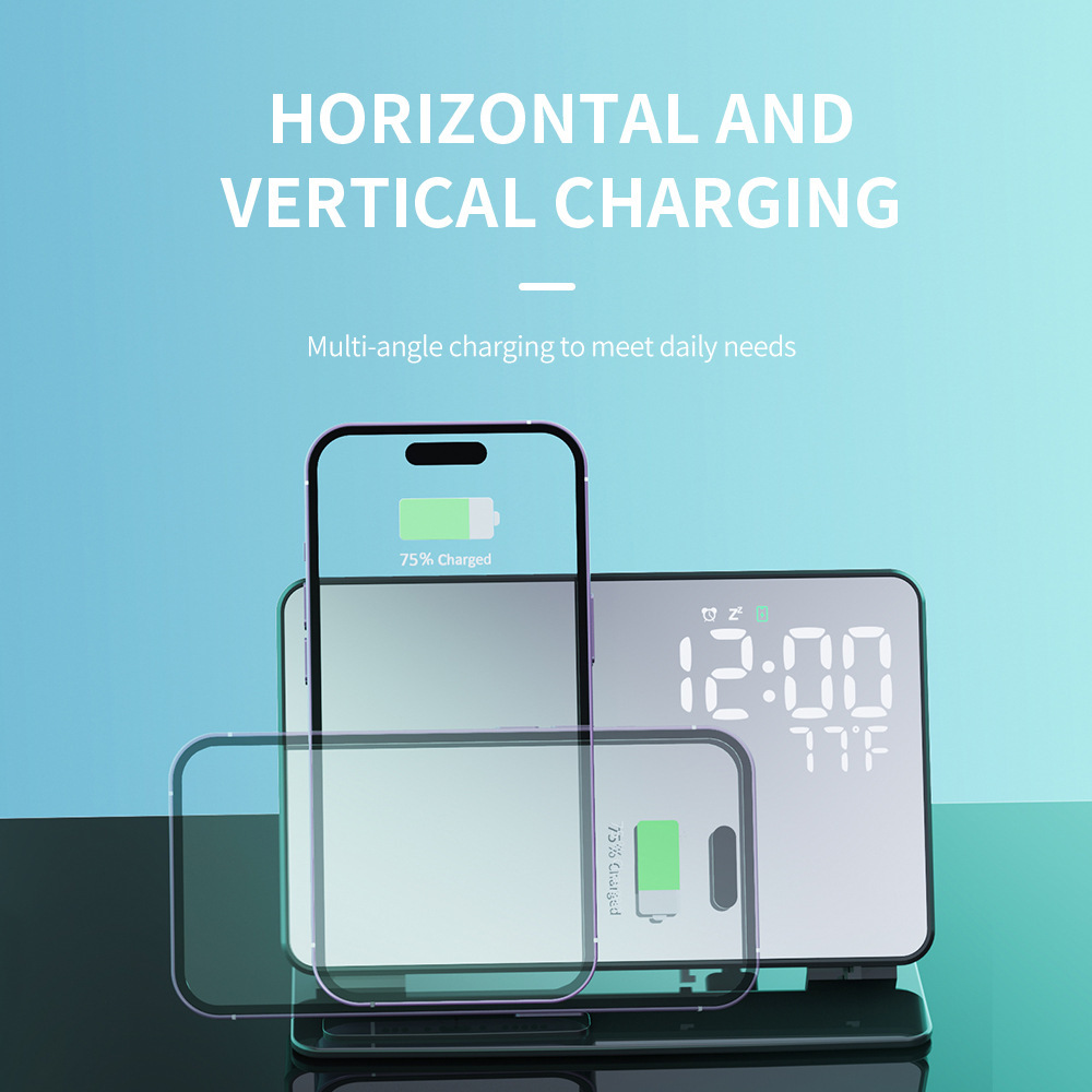 2024 15W 4-in-1 Wireless Charger with Clock LED Digital Alarm Clock Temperature Display Stand Wireless Charger