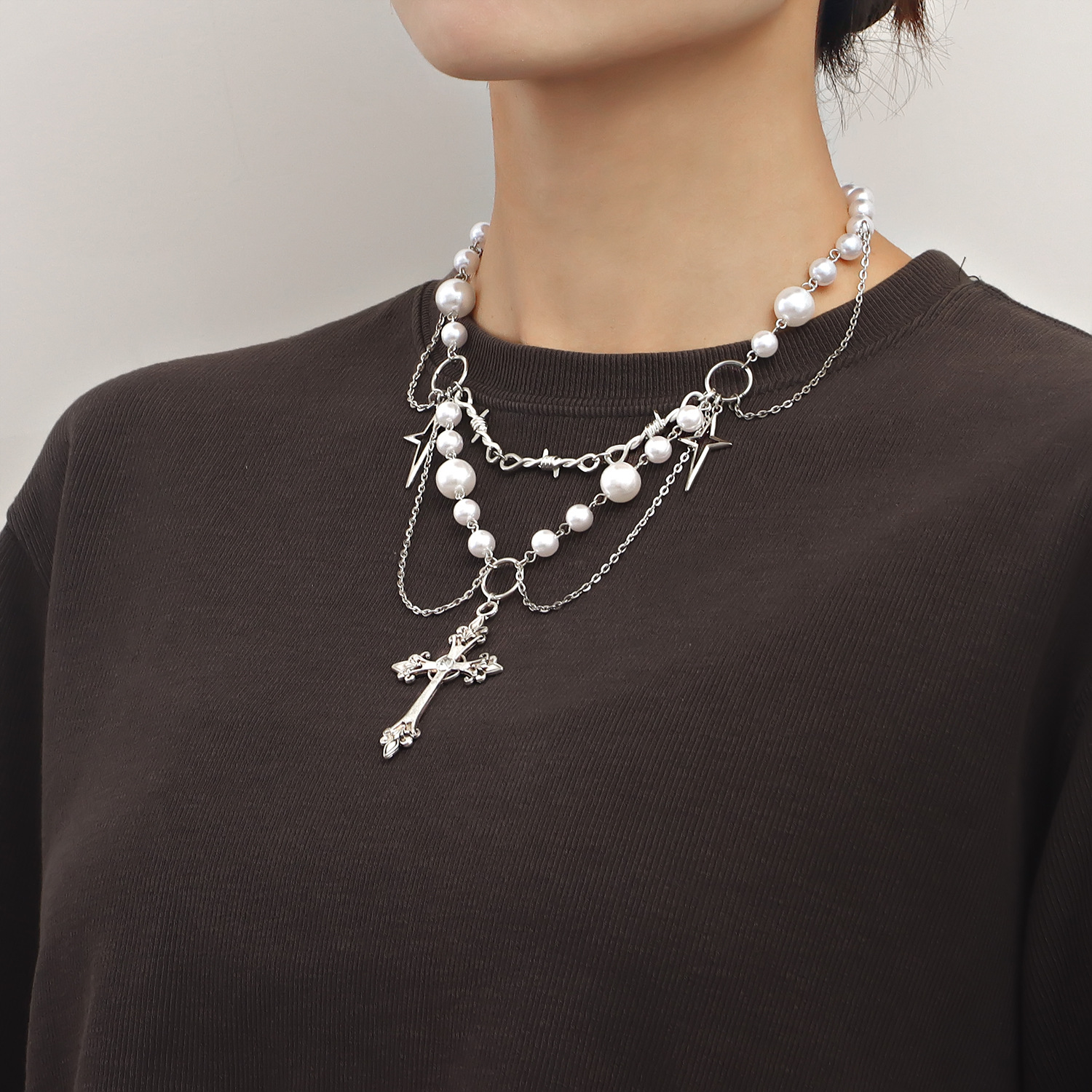 Accessories Double Layer High Gloss Pearl Tassel Cross Star Cross Necklace for Women