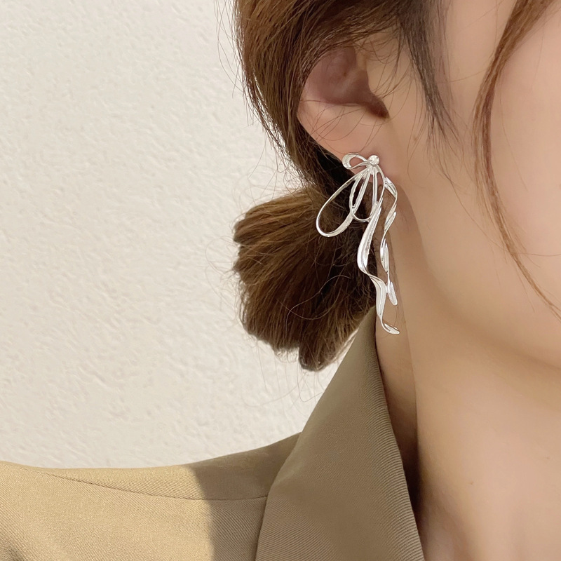 S925 silver needle irregular bow ear studs fairy sweet cool metallic earrings ear accessories 5368