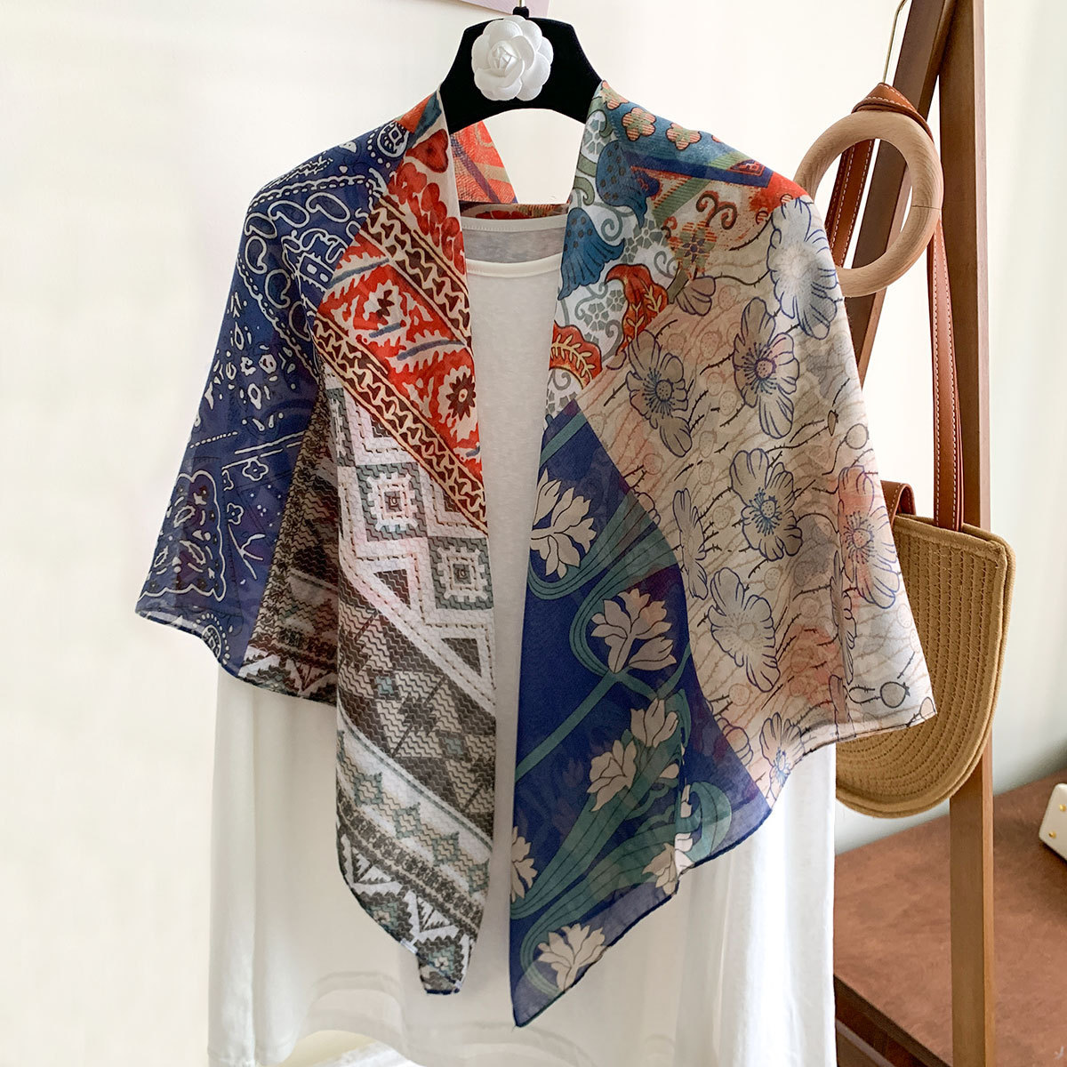 【110*110 versatile sunscreen shawl】printed square scarf for women, summer silk-cotton scarf