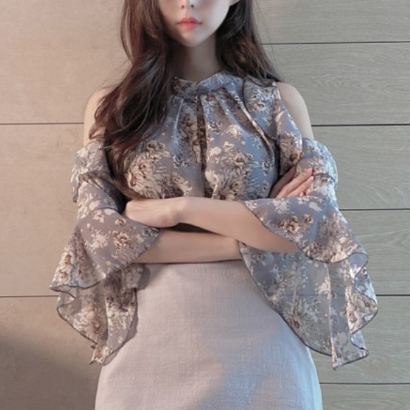 Floral Chiffon Blouse Summer Off Shoulder Top Sweet Shirt Women