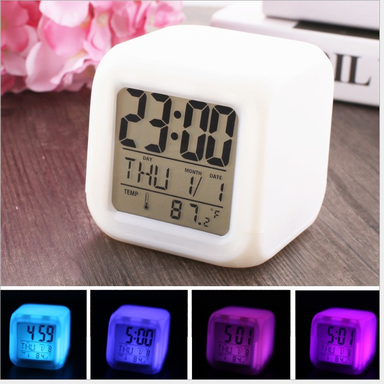 Colorful light color-changing electronic alarm clock desktop alarm clock student special children square small alarm clock household desktop alarm clock