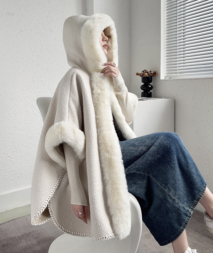 Live Loose Shawl Women 2023 Autumn Winter Cape Thickened Imitation Sheep Fur Collar Hooded Coat