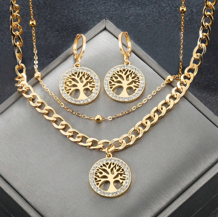 Double-Layer Full Rhinestone Round Tassel Tree of Life Collar Pendant Necklace Earrings Set Decorative Jewelry Women