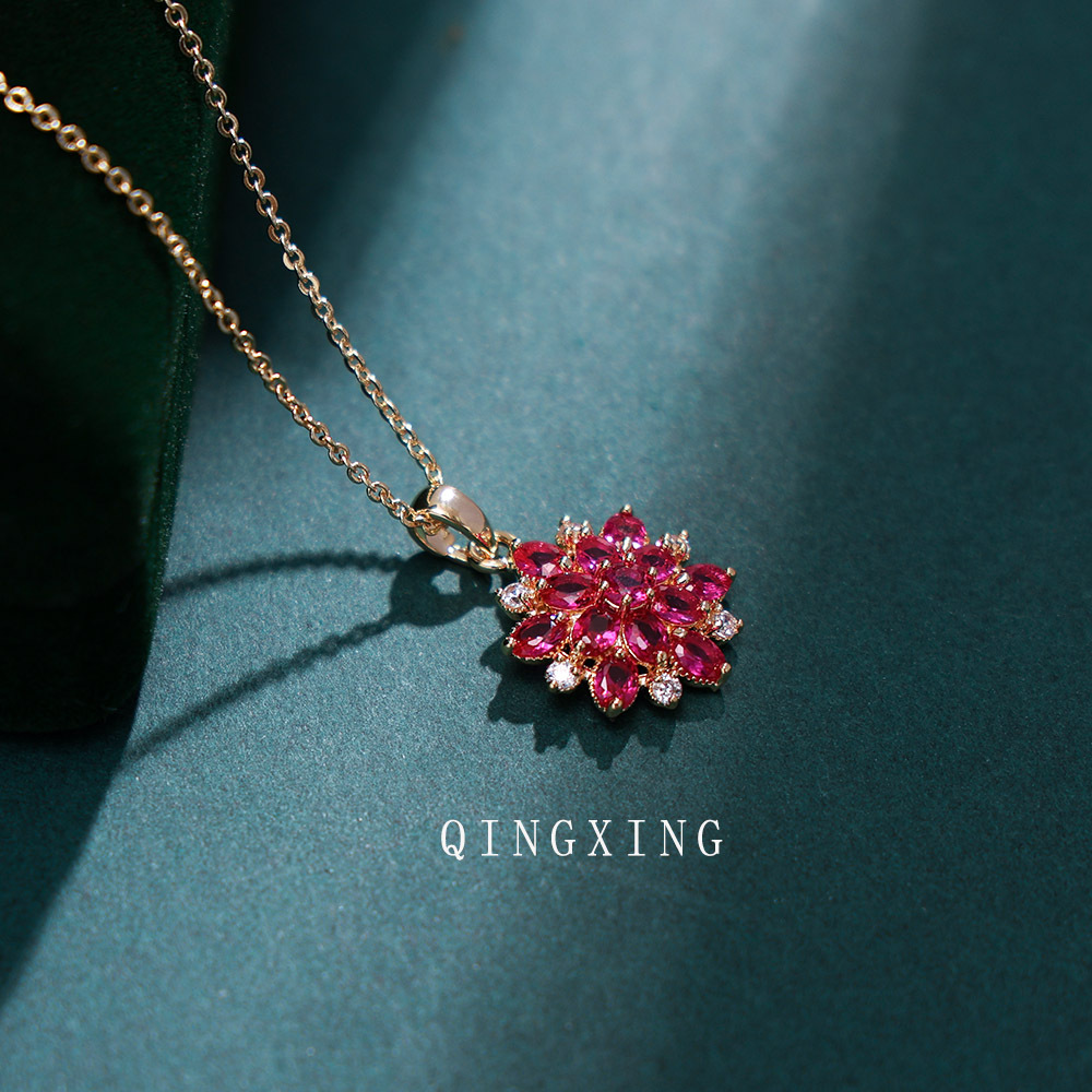 Red Corundum Three-Dimensional Flower Pendant Necklace Women's Synthetic Ruby Gold-Plated Collarbone Chain