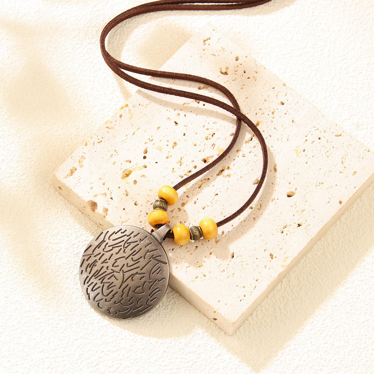 Cowhide Rope Ethnic Pendant Leather Accessories Fingerprint Alloy Sweater Chain Round Necklace