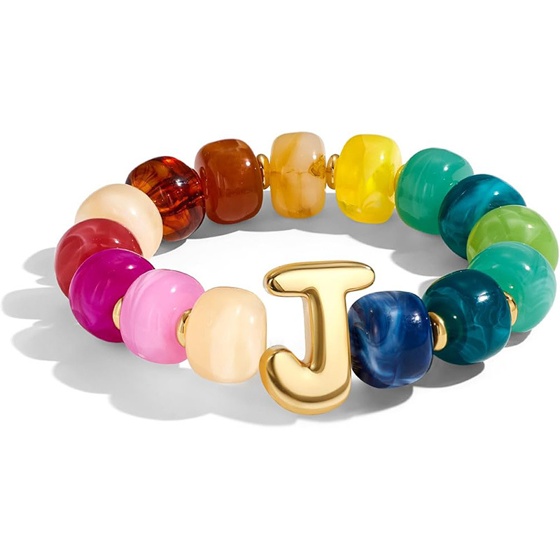 New Colorful Resin Barrel Bead Elastic Bracelet Women's Copper Letter Pendant Beaded Bracelet