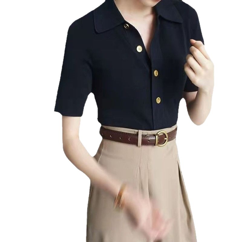 Simple Polo Collar Solid Color Shirt for Women 2025 Summer New Button Short-Sleeve Top