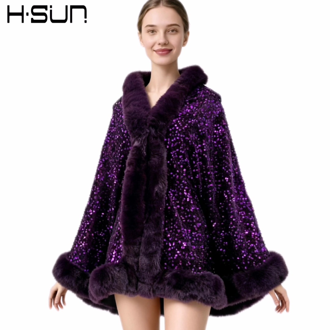 2026 Autumn and Winter Cape Outerwear Small Vest Street Style Cape Solid Color Sequins Fur Collar Poncho