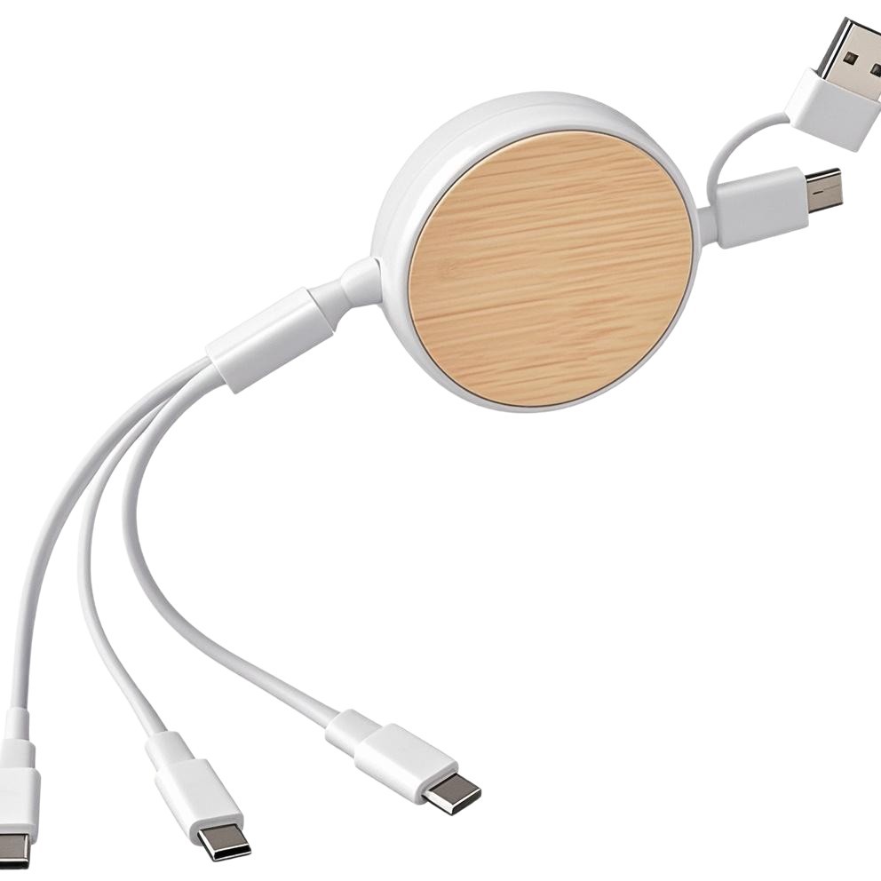 2-in-3 bamboo wood retractable cable multi-functional charging cable eco-friendly wheat straw GRS biodegradable USB cable