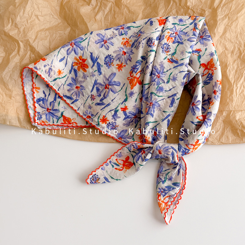 58*58 cotton linen small square scarf, fresh floral neck protection small scarf for girls, hair band