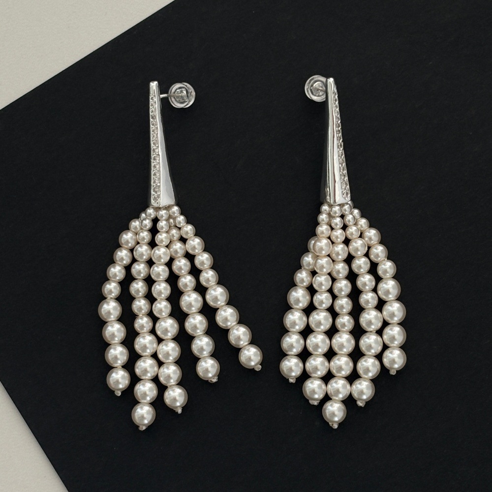 Long broom pearl tassel necklace and earrings, spring and summer imitation Swarovski pearl zircon ear studs, sweater chain
