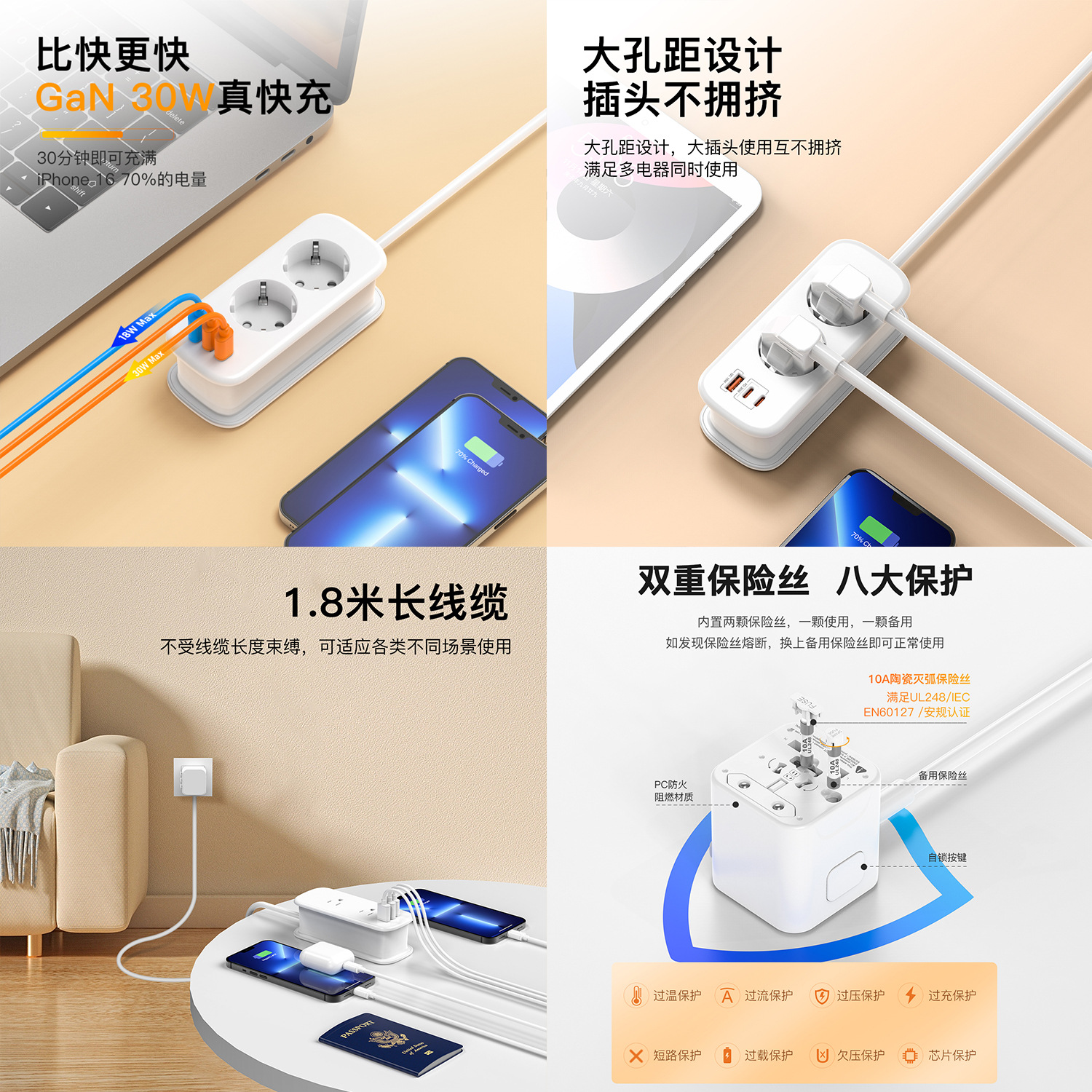 New Multi-country Travel Retractable Extension Cord Portable European Standard Travel Adapter Plug with Cord Power Strip