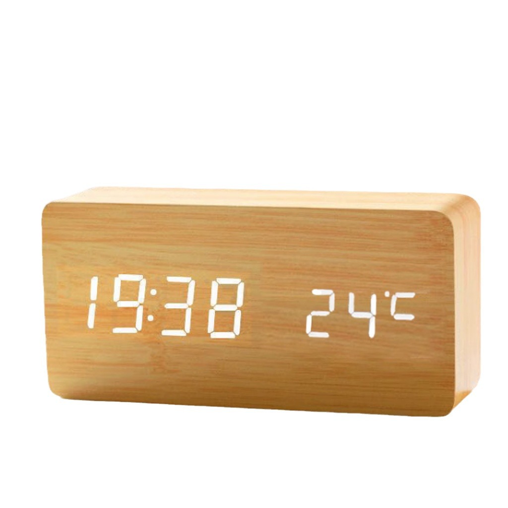 Wooden alarm clock, voice-activated night light silent temperature alarm clock, home student LED digital alarm clock