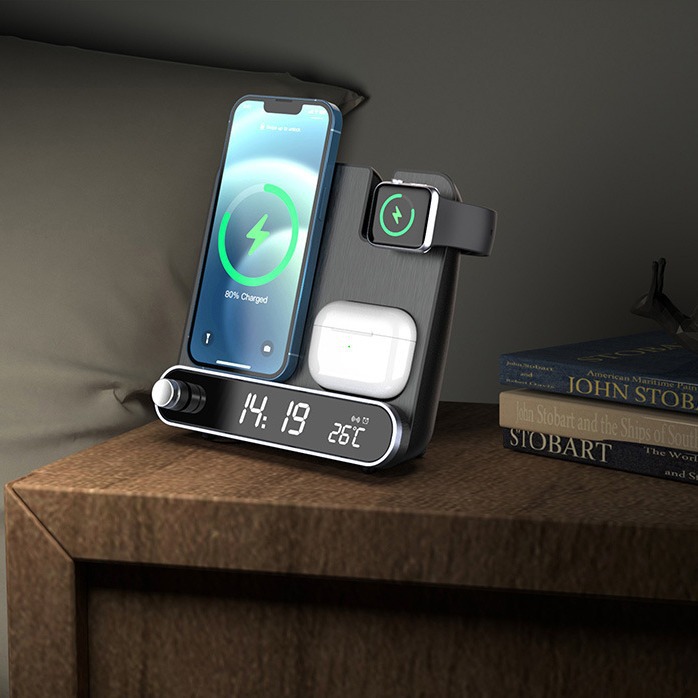 New 15W Wireless Charger Clock Watch Earphone 3-in-1 Wireless Charger Clock Alarm Clock Thermometer Wireless Charger with