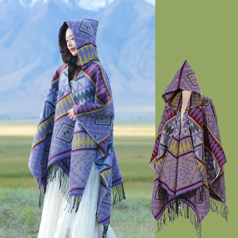 Sichuan Tibet Bohemian Photo Knit Shawl Scenic Area Hooded Scarf Cape Yunnan Cape Shawl Women