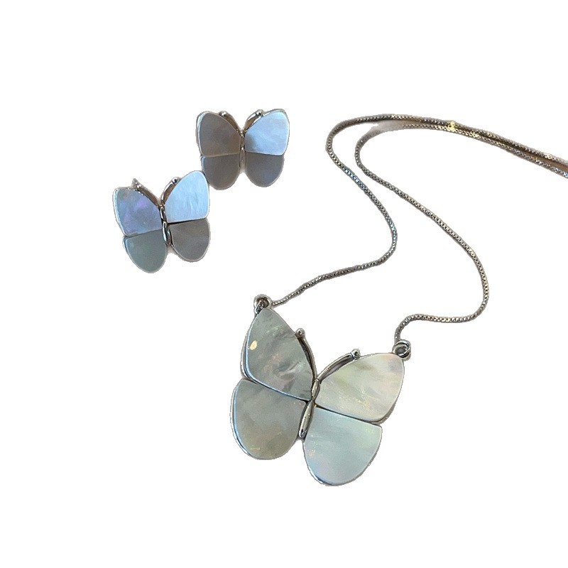 Phantom Butterfly Pearl Natural Mother-of-Pearl Large Butterfly Earring and Necklace Two-Piece Set Niche Cool Feeling Set