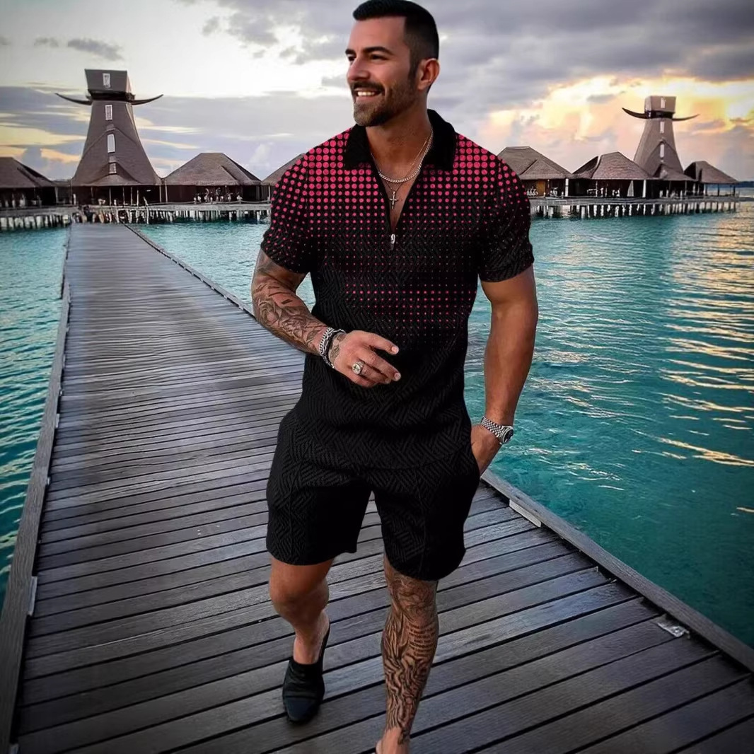 2026 New Men's Casual Sports Suit Summer Short Sleeve Polo Shirt Shorts Two Piece Set Color Block Print