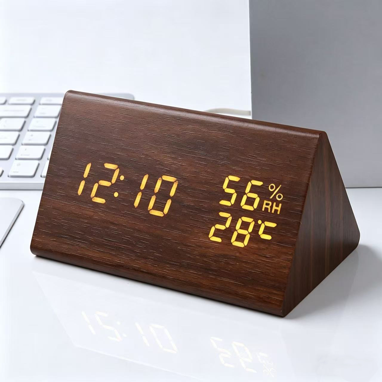 Smart voice-controlled wooden digital alarm clock, temperature and humidity clock, PVC wooden office clock, student electronic clock, LED wooden clock