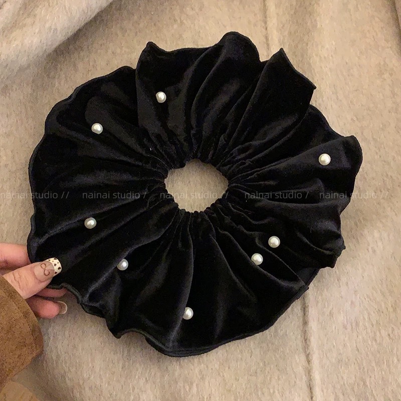27#黑色丝绒钉珠双层花边约18cm