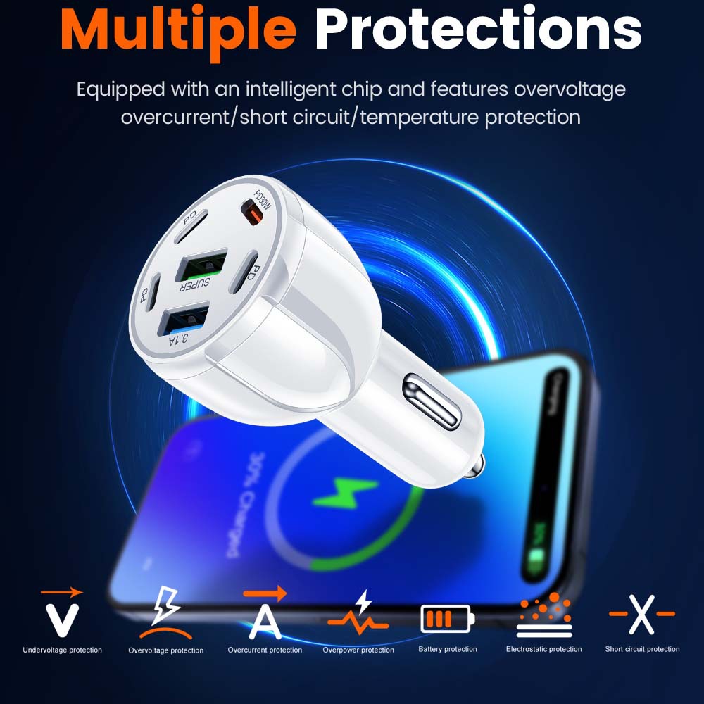 6-in-1 USB+PD Car Phone Charger 3.1A Fast Car Charger