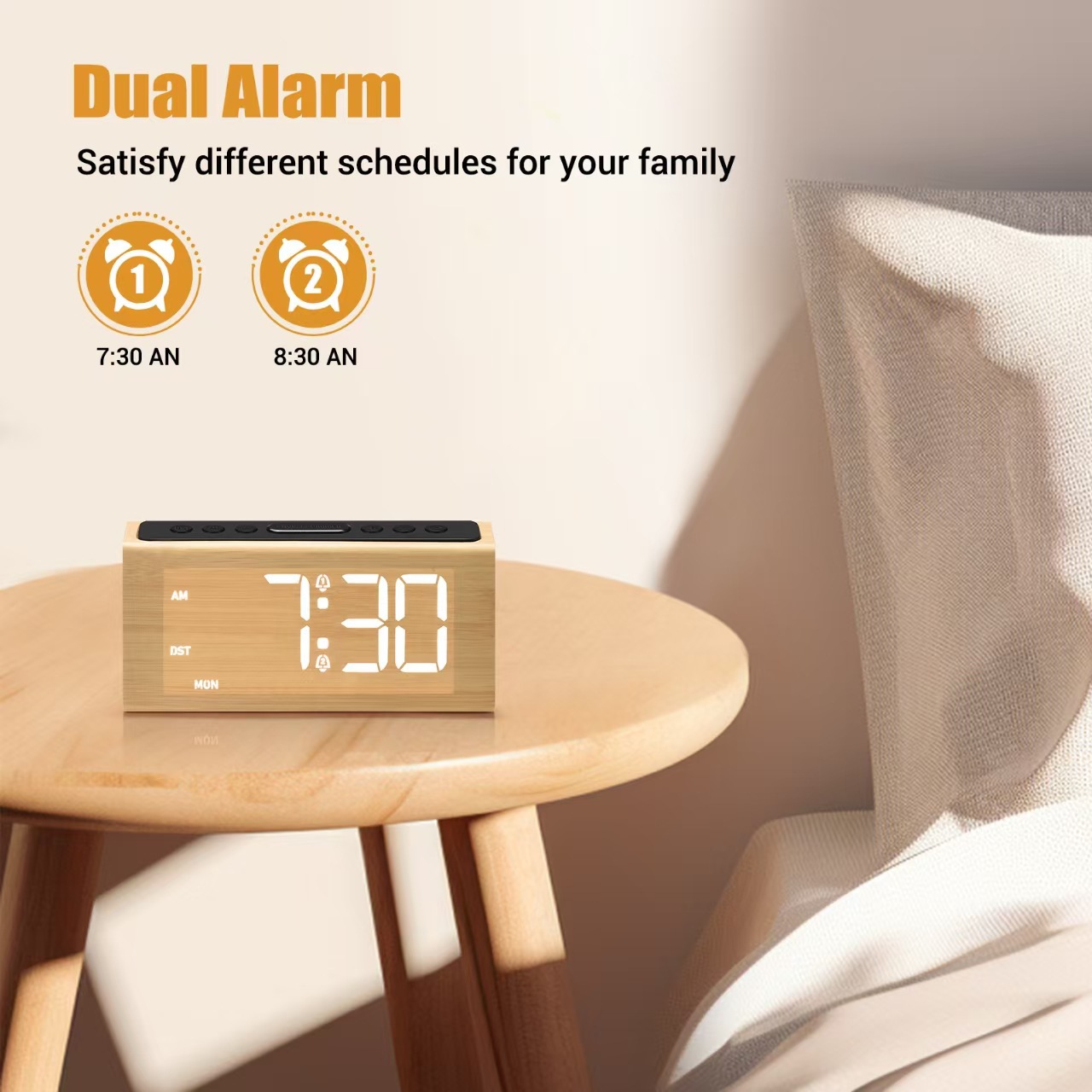 2025 New Wooden Digital Clock Daylight Saving Time Multifunctional Snooze Alarm Clock Large Screen Digital Display Wooden Desk Clock