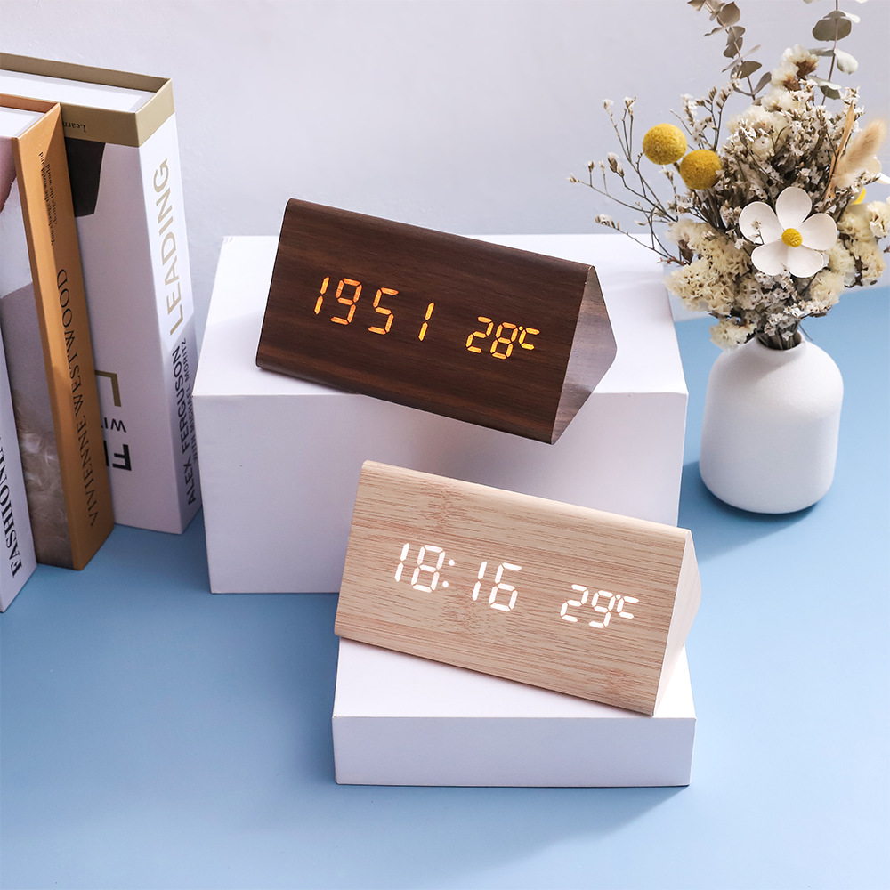 Alarm clock wooden student smart clock, silent bedside night light electronic clock, wake-up desktop children's wooden clock