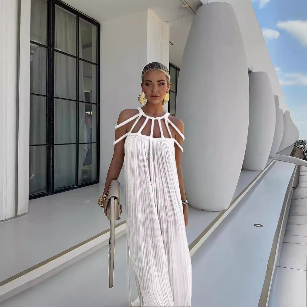 2024 New Spring Women Long Dress Tie Strap Off Shoulder Sexy Halter Loose Vacation Beach Dress