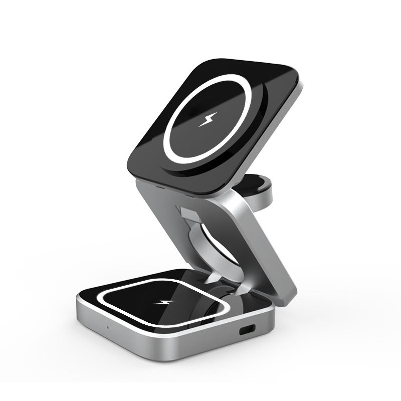 Three-in-one magnetic wireless charger phone fast charging foldable stand earphone watch wireless charger