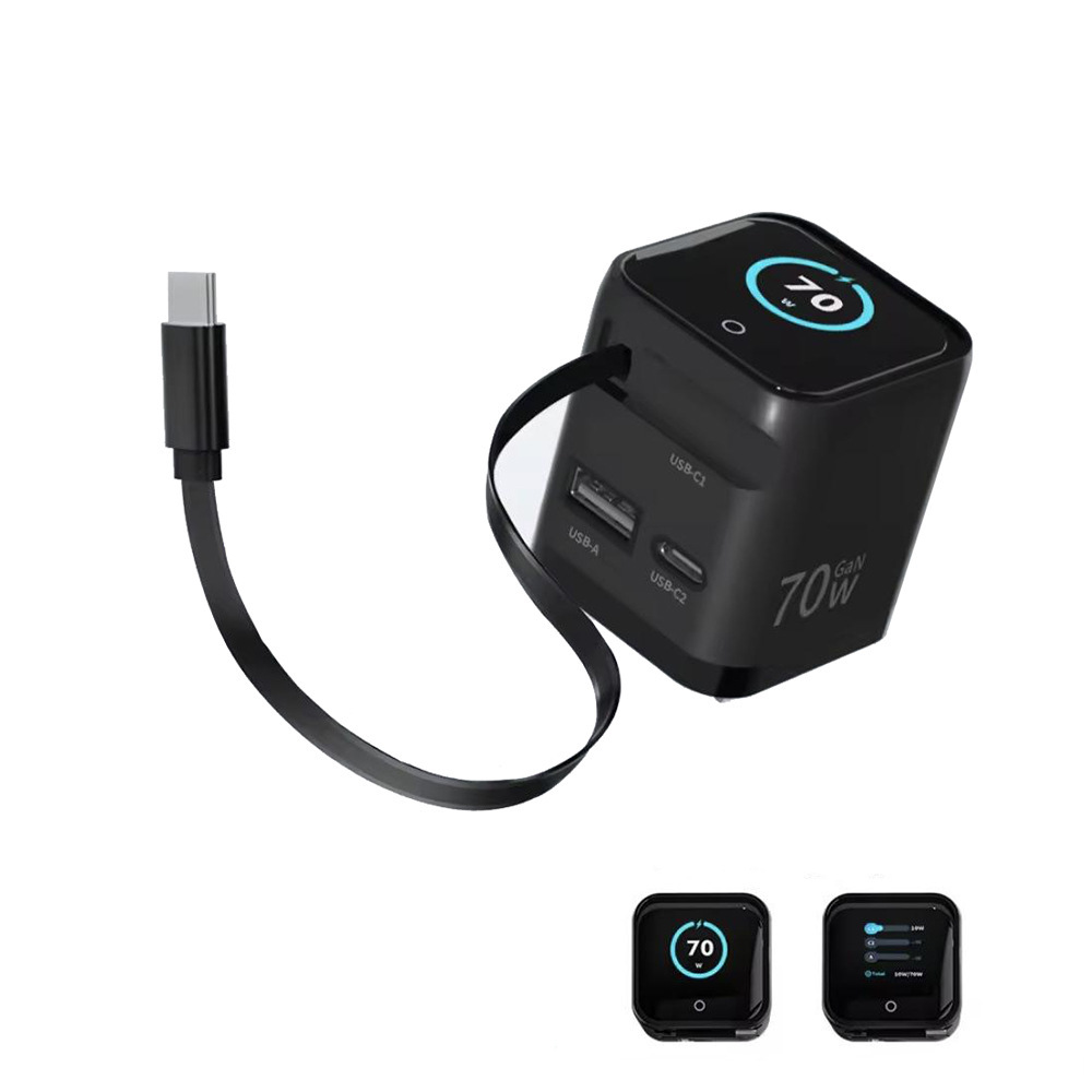 70W Smart AI Digital Display Charger with Retractable Cable for Apple Huawei Phone TFT Color Screen Charging Head