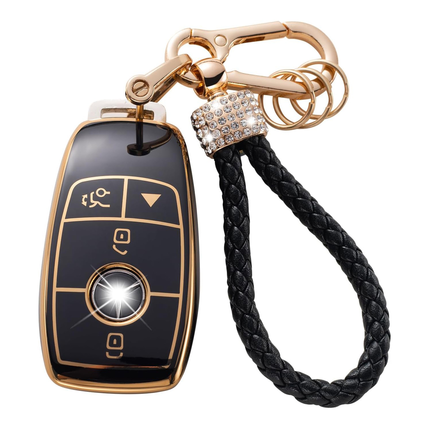 Gold Edge Black Key Car Key Bag Set Rhinestone Carabiner Pendant Keychain