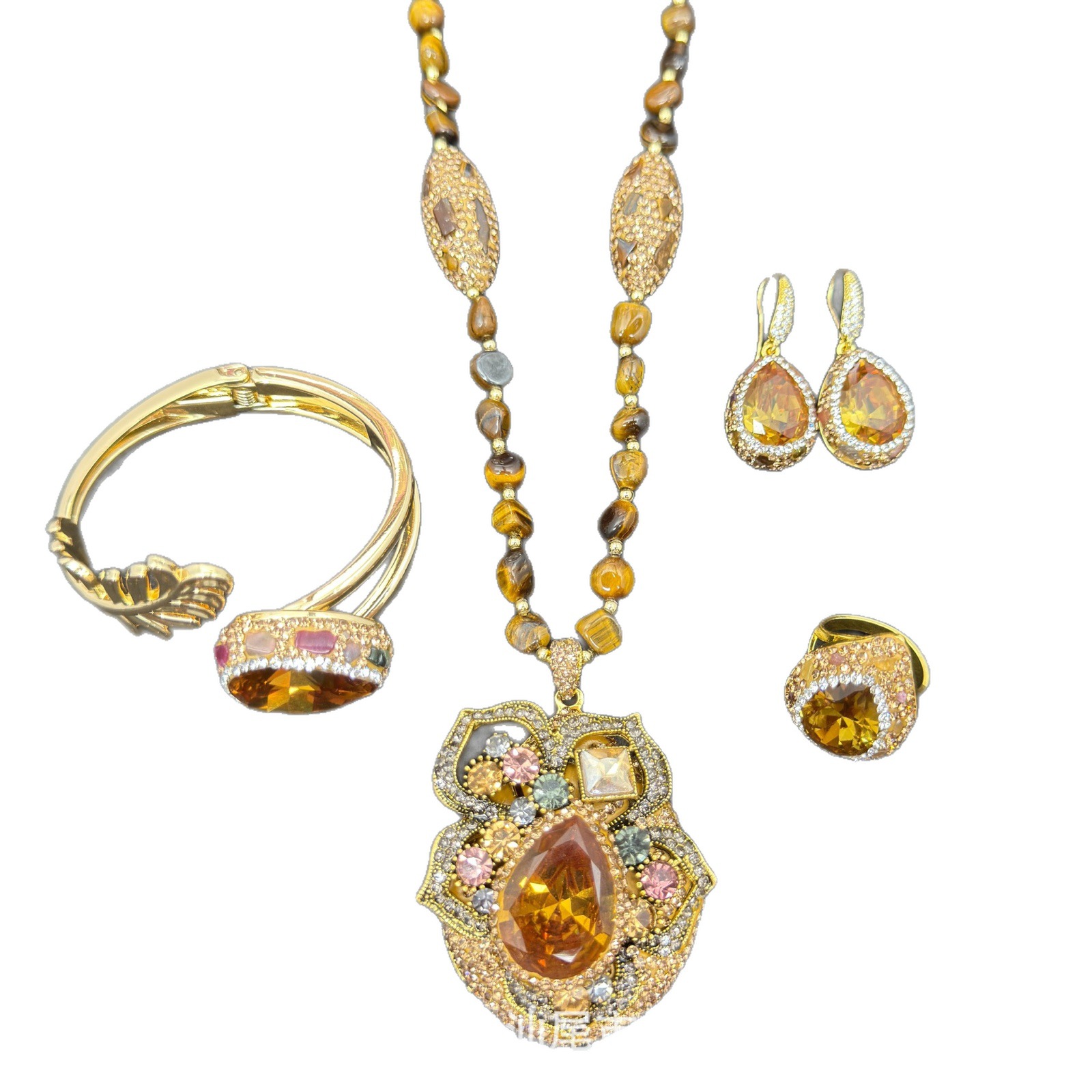 Direct Wholesale Inlaid Palace Style Sultanite Set Leaf Drop Faceted Gemstone Tiger Eye Necklace