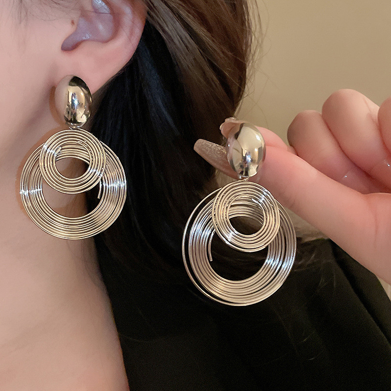Exaggerated Metallic Multi-Layer Circle Silver Needle Earrings Geometric Earrings for Women